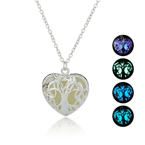 

светятся в темноте древо жизни ожерелье 4 цвета полые световой сердце кулон цепи связи для женщин мода ювелирные изделия подарок, Silver