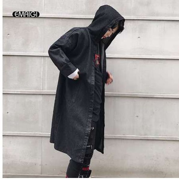 

men streetwear fashion casual hip hop denim hooded trench jacket male casual cloak cardigan cowboy trench coat, Tan;black