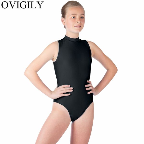 

ovigily girls black sleeveless turtleneck leotards for gymnastics kids shiny stretchy ballet dance leotard bodysuit show costume, Black;red