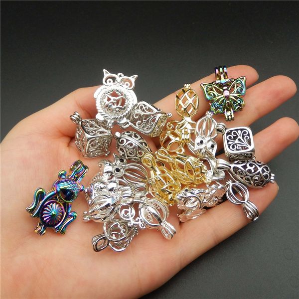 

20pcs multicolor tone mixed design pearl beads cage locket pendants necklace bracelet jewelry making supplies essential oil diffuser, Silver