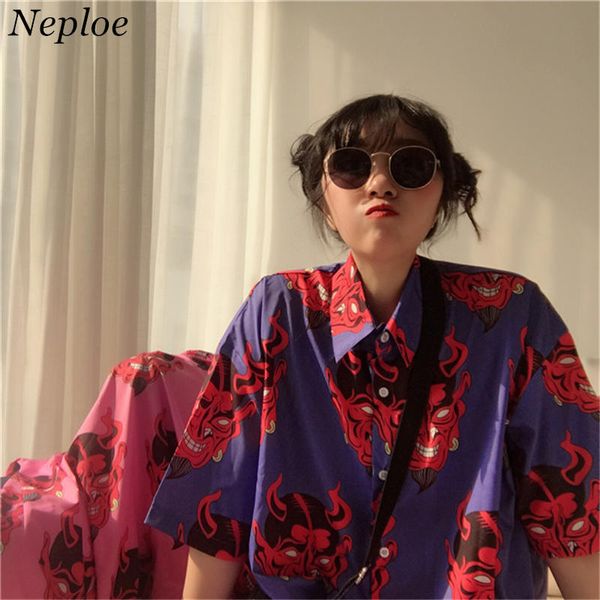 

neploe 2018 new blusas devil printed blouses short sleeve causal shirt medium-long woman man fashion summer shirts 35851, White