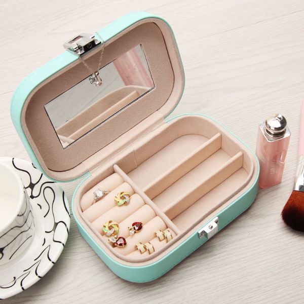 

jewelry box soft pu leather jewelry organizer display storage case for rings earrings bracelets watches necklace lipsticks makeup case, Blue;pink