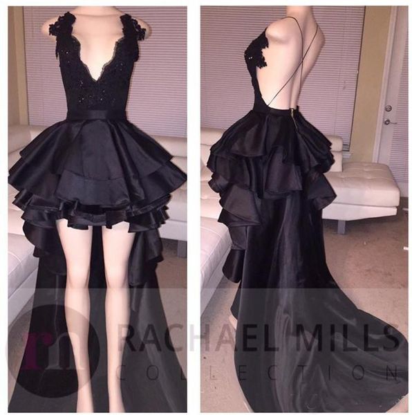 

High Low Black Prom Dresses 2018 Tiered Deep V Neck Lace Top Formal Evening Wear Custom Made Cheap Cocktail Party Gowns