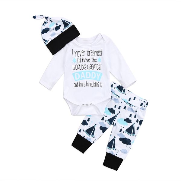 

new casual newborn boys girls clothes greatest print letter daddy romper long pants clothes outfits set 0-24m, White