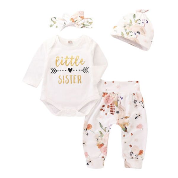 

baby girl little sister long sleeve bodysuits pants cotton warm 4pcs outfit clothing baby girl fall winter clothes sets 0-24m, White