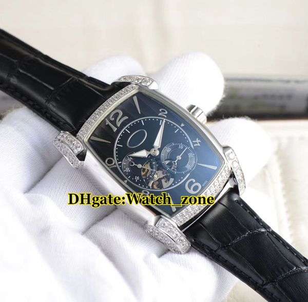 

new tourbillon kalpa grande complication black dial automatic mens watch silver case diamond bezel leather strap gents watches, Slivery;brown