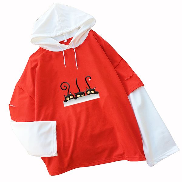 

spell color stitching t shirt women long sleeve kawaii balck cat hooded 2018 autumn tee shirt femme korean t-shirts clothes, White