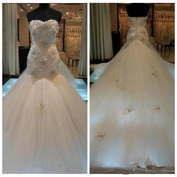 

2018 Real Images Sweetheart Lace Applique Mermaid Wedding Dresses Beading Tulle skirt Chapel Train Bridal Gowns Wedding Dresses
