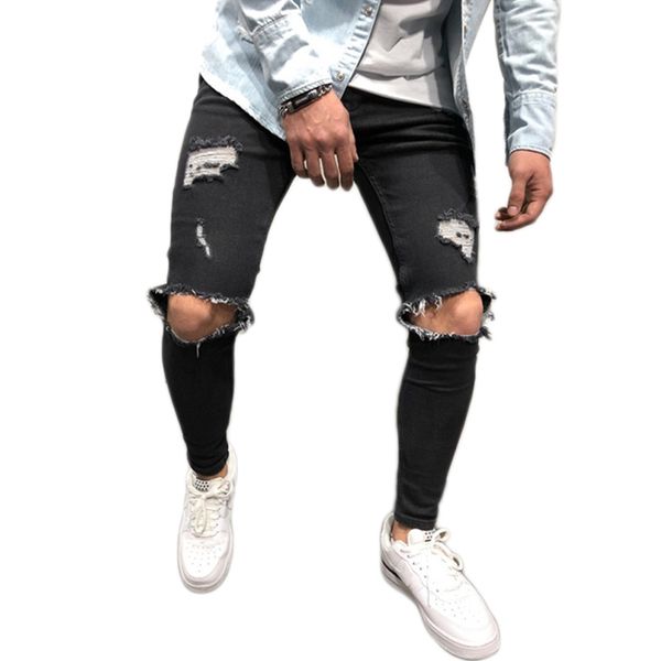 

mens pencil pants skinny jeans biker destroyed frayed slim fit denim ripped hip hop mid waist pants fashion trousers 2018, Blue