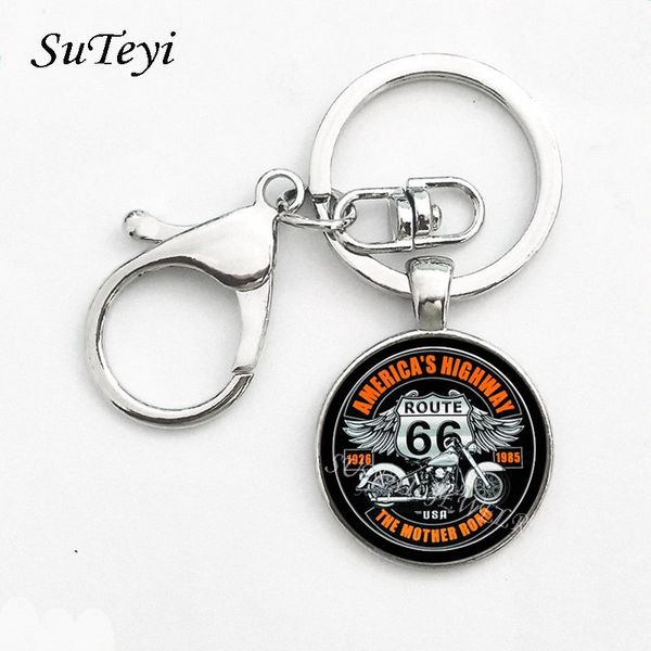 

vintage metal key chain usa route 66 route signs key ring charming men and women gifts round glass cabochon pendant keychian, Silver