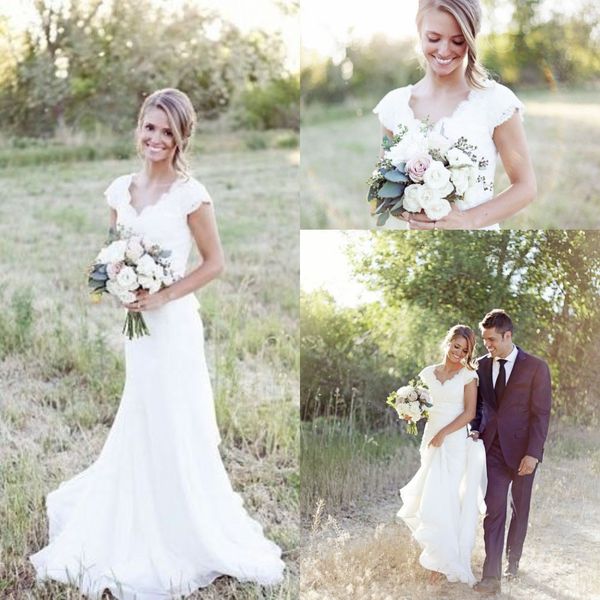 

elegant country lace a-line wedding dresses mermaid v neck cap sleeve modest wedding bridal gowns boho beach covered button, White