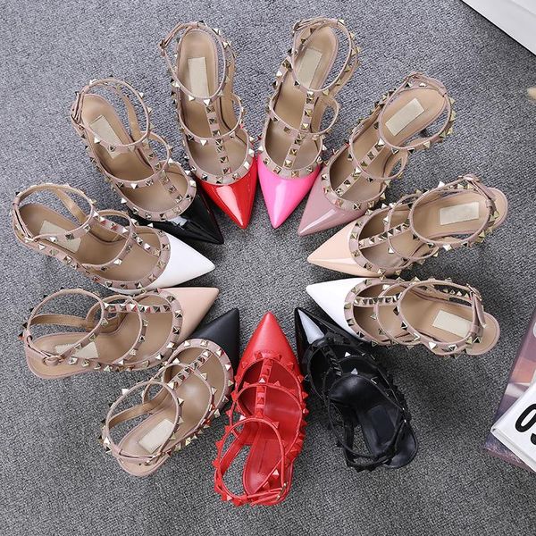 

New mixed color rivet tudded women andal high heel narrow band patch ankle trapy buckle pointed toe party hoe woman