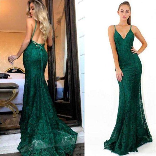 

2018 elegant dark green spaghetti lace mermaid long evening dresses sleeveless backless sweep train formal party prom dresses custom made, Black;red