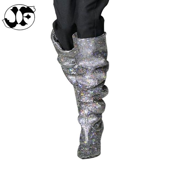 

jf 2018 woman shoes genuine leather rhinestone casual high heel catwalk show flash drill pointed toe over the knee boots 44, Black