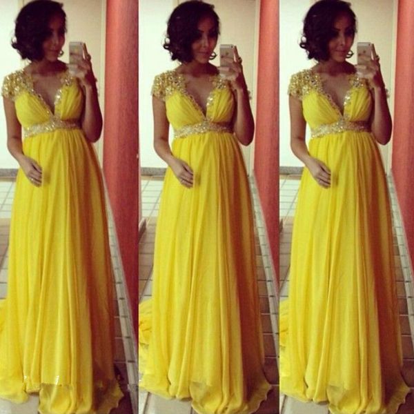 

yellow pregnant evening dress cap sleeve v neck beadings appliques chiffon empire waist maternity party gowns custom size, Black;red