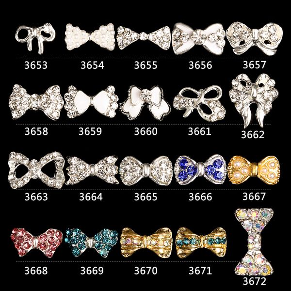 

3d alloy rhinestone bow tie strass nagel decorative nail art rhinestones,200pcs crystal diy nail manicure accessories y3653~3672, Silver;gold