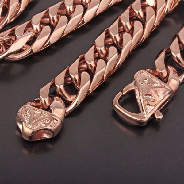 

Fashion Punk Hiphop Rock Mens Jewelry Stainless Steel Rose Gold Curb Cuban Chain Necklace Charm Cool Jewelry 13mm Width