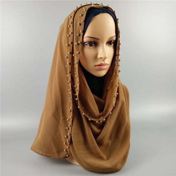 Bolha da pérola Chiffon Mulheres Hijab Scarf Shawl Envoltório Cabeça Muçulmano Acessórios Simples Cor Sólida com Pérolas De Ouro