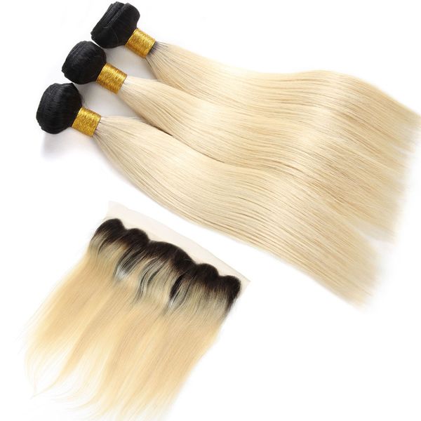 Brasilianische reine gerade menschliche Haarwebart 1B 613 Blonde Bundles mit frontalem Ohr-zu-Ohr-nassen gewelltem menschlichem Haar Bundles mit Frontalverschluss