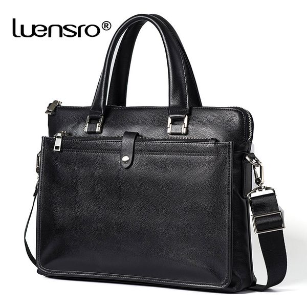 

luensro briefcase men genuine leather handbag anti-theft designer casual natural cowskin business black bag lapmen briefcase