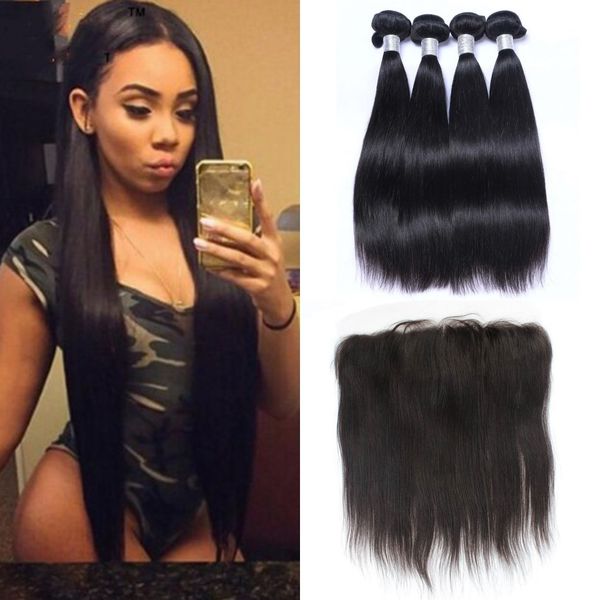 

mongolian straight hair lace frontal closure with bundles 4pcs human hair bundle with pre plucked frontal 13x4, Black;brown