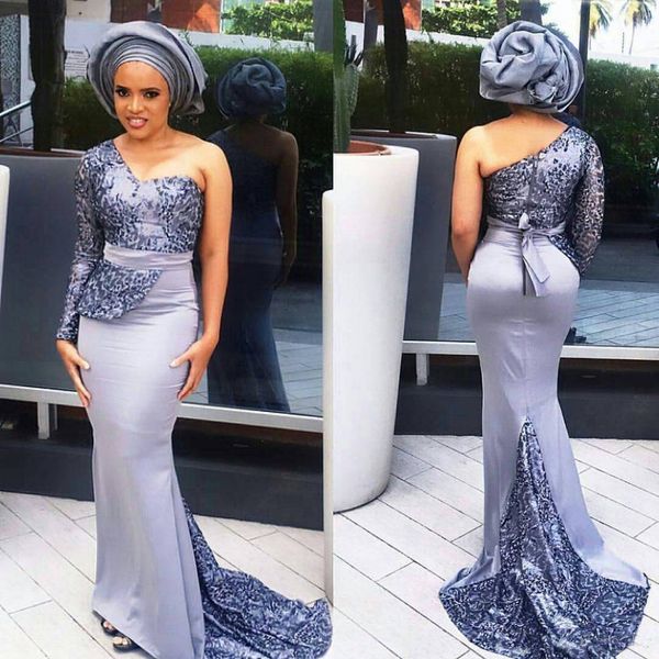 

Modest Long Sleeve Aso Ebi Evening Dresses Stylish Mermaid Prom Gowns Satin Peplum Lace Applique One Shoulder Party Gown