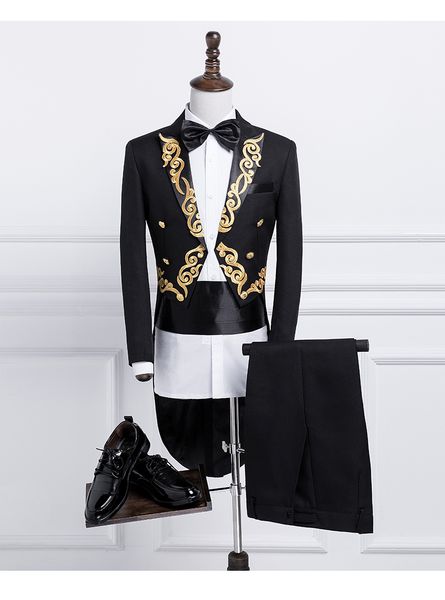 

new male gold silver embroidery lapel tail coat stage singer groom black white wedding tuxedos for men costume homme, White;black