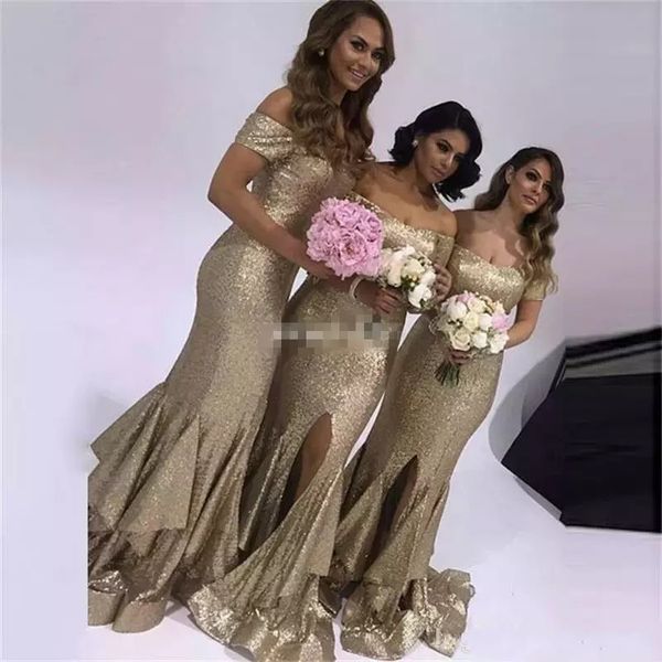 Mermaid Bridesmaid Gold Gold Vestres fora do ombro lateral lateral Divisão de casamento Vestido de hóspedes Trem de vestido formal barato Damas de honra S 0420