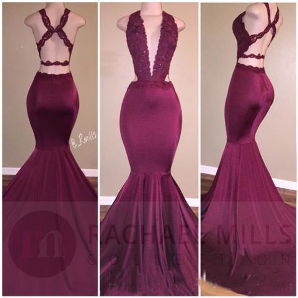 

2017 Burgundy Sexy Plunging V Neck Mermaid Prom Dresses Lace Appliques Backless Ruched Long Party Occasion Gowns Long Evening Dresses