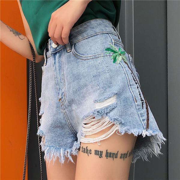 

ripped hole denim shorts women embroidery high waist short feminino harajuku summer frayed fashion jeans short mujer, White;black