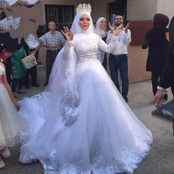 

saudi arabic crystal lace wedding dresses high neck long sleeve muslim bridal gowns with beads sweep train a line wedding dress, White