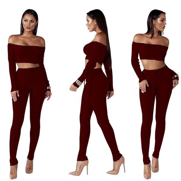 

slash neck 2 piece clothing set women long sleeve crop and pants suit ladies cotton two piece bodycon tracksuit, Gray