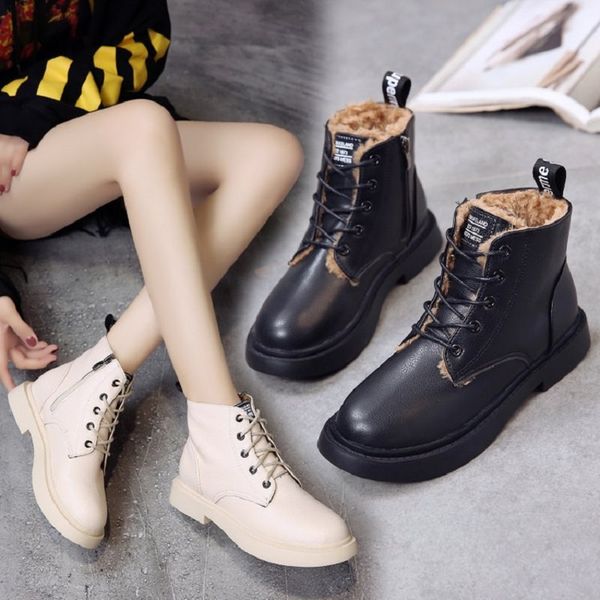 

women ankle boots genuine leather warm fur motorcycle short boots fashion vintage office ladies flats shoes size, Black
