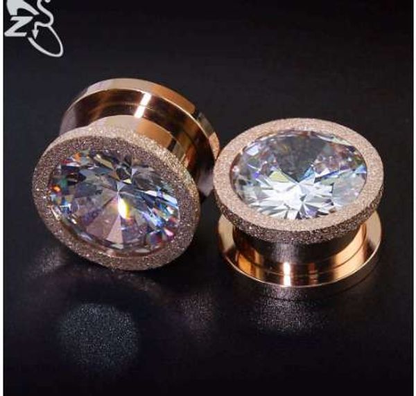 

rose gold stainless steel screw ear tunnel plug big white cubic zircon ear gauges plugs tunnels expander body piercing jewelry, Silver
