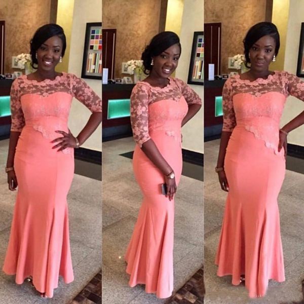 

african mermaid bridesmaid dresses half sleeve lace appliques floor length maid of the honor gowns plus size wedding guest dress, White;pink