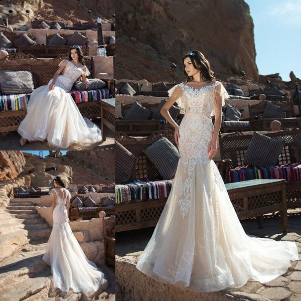 

princess lace mermaid wedding dresses sheer v neck appliqued bridal gown sweep train covered button back beach wedding gown plus size, White