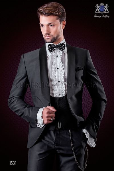 New Arrival Groomsmen Charcoal Grey Groom Tuxedos Shawl Satin Lapel Men Suits Wedding Best Man Bridegroom (Jacket + Pants + Vest + Tie) L144