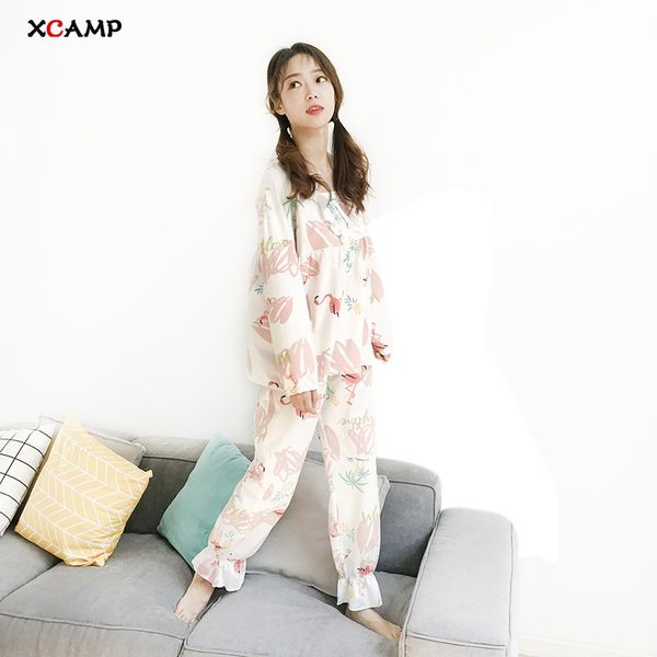 

xcamp sweet sleepwear cotton nightwear nightgown for women flamingo autumn and winter sweet underwear pajamas sets, Blue;gray
