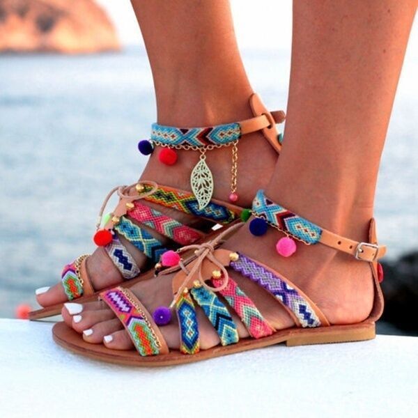 

women summer sandals flat heel bohemia style rome gladiator sandals plus size lace up bead decorations lady beach, Black