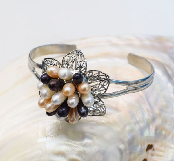 

freshwater pearl flower rice multicolor bracelet 7.5inch fppj wholesale beads nature, Golden;silver