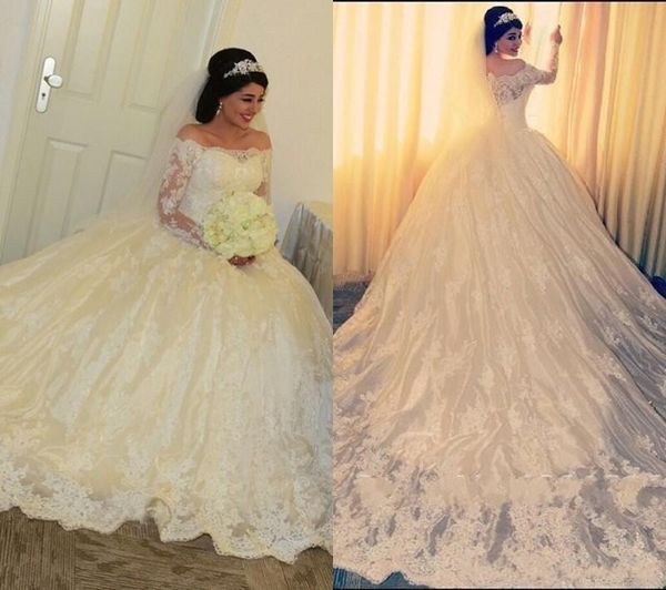 

халат де mariage роскошные с плеч кружева с длинными рукавами бальное платье свадебное платье принцесса собор поезд кнопка назад свадебные п, White