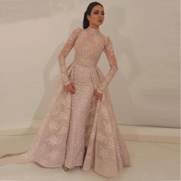 

2018 high neck mermaid prom dresses detachable train blush pink full lace appliqued illusion bodice long sleeves formal evening gowns, Black