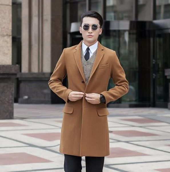 

men's clothing plus size long design wool coat men single breasted khaki outerwear trench coats mens overcoat casaco masculino, Black