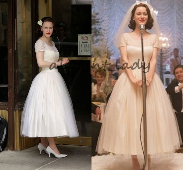 

vintage tea-length wedding dresses 2018 retro the marvelous mrs. maisel short sleeve puffy skirt garden lace bridal wedding party gown, White