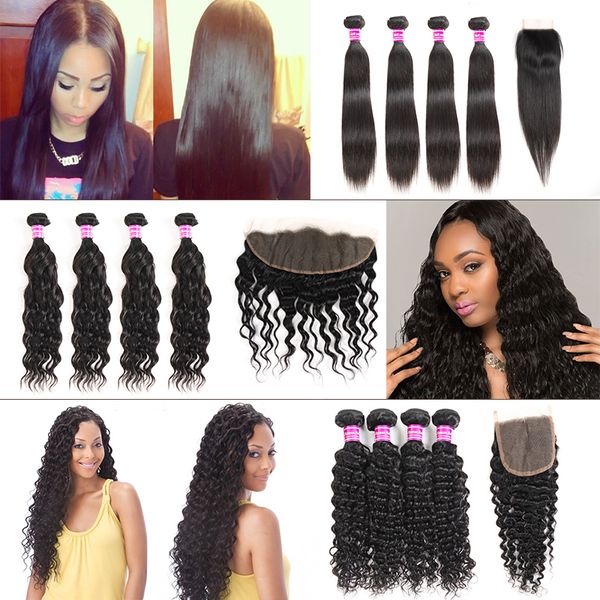 

необработанные бразильские виргинские волосы прямые человеческие волосы связки с закрытием вода волна связки с фронтальной глубокой волны че, Black;brown