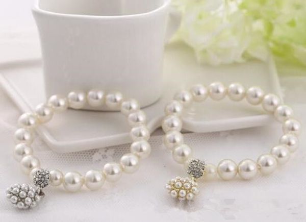 

luxury fashion designer pearl beaded bracelet bridal charm jewelry for women lady girl beautiful elastic bracelet lovely wedding jewellry, White