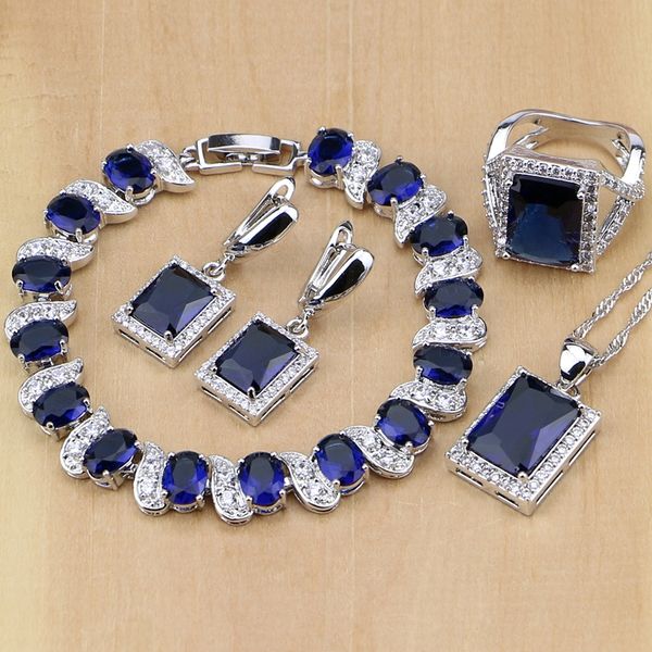 

whole sale925 sterling silver jewelry blue zircon white cz jewelry sets for women earrings/pendant/necklace/rings/bracelet, Slivery;golden