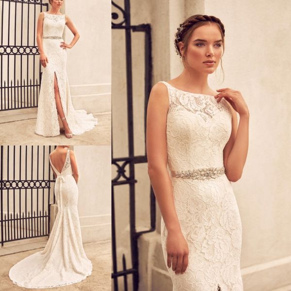 Paloma blanca primavera 2018 sereia vestidos de casamento rendas applique sem encosto vestidos de noiva sem mangas dividir frente varrer trem vestido de noiva