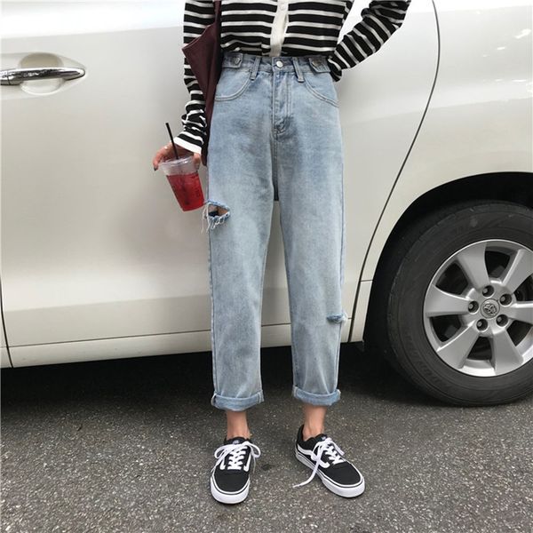 

fdwerynh 2018 autumn straight jean pants women new fashion high waist jeans hole ripped pants casual ankle-length woman, Blue