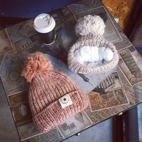 

2018 new outdoor casual brand thick warm winter hat, female fur pompons ball wool knitting cashmere cap beanie caps with velvet